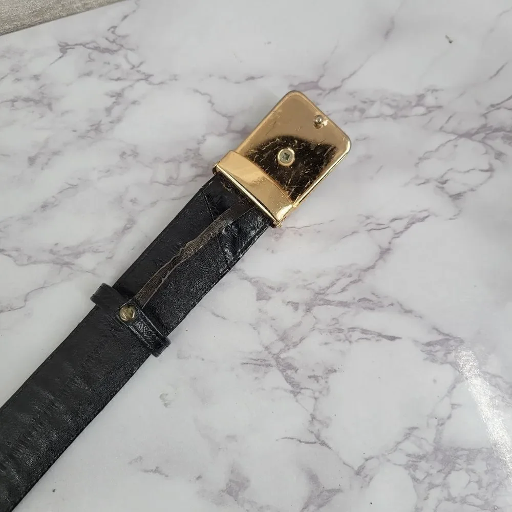 Vintage Belt Woven Black EEL Skin Leather and Gold Toned Buckle Men's Unisex